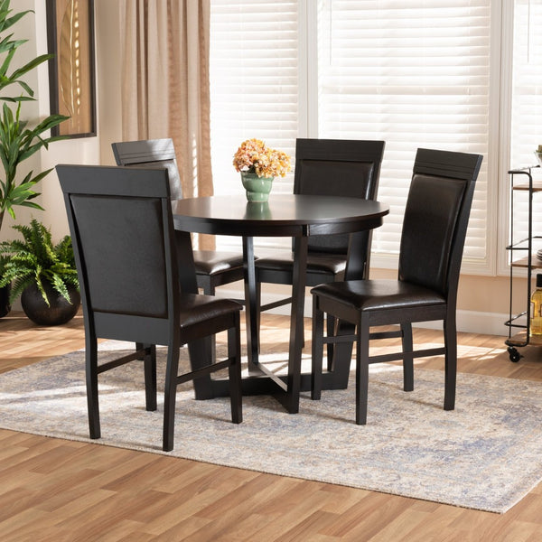 Baxton Studio Baxton Studio Irma Modern 5-Piece Dining Set with Dark Brown Faux Leather & Circular Table Design Irma-Dark Brown-5PC Dining Set