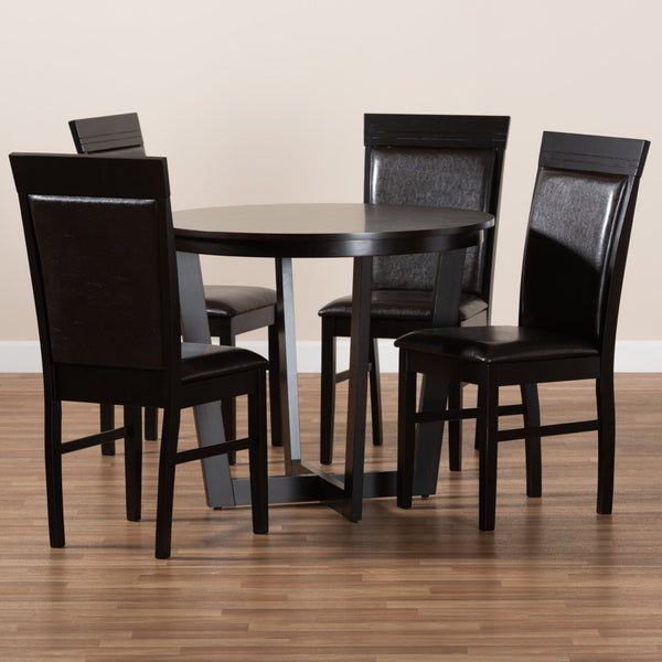 Baxton Studio Baxton Studio Irma Modern 5-Piece Dining Set with Dark Brown Faux Leather & Circular Table Design Irma-Dark Brown-5PC Dining Set