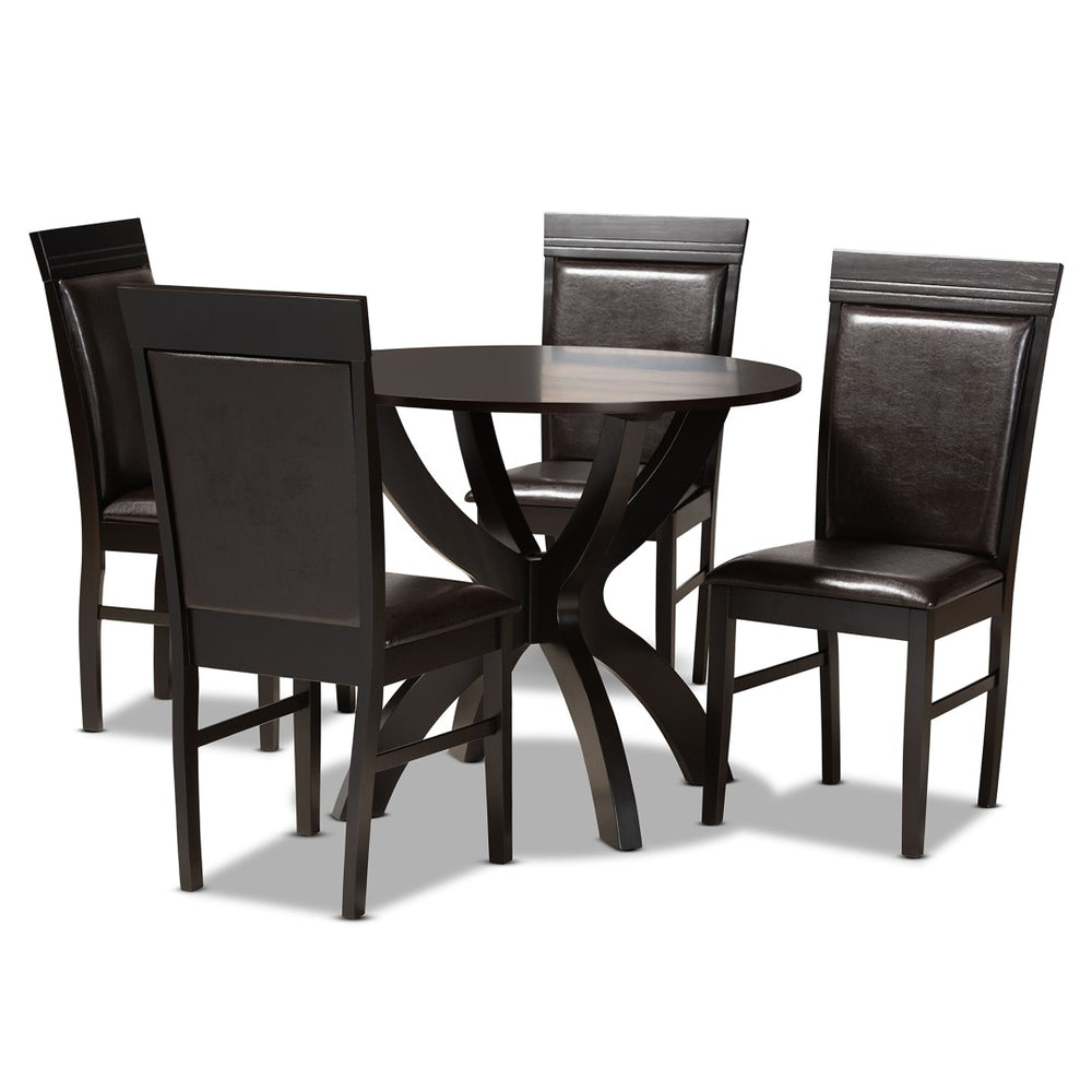 Baxton Studio Baxton Ancel 5-Piece Modern Dining Set - Dark Brown Faux Leather Chairs & Round Table for Elegance Ancel-Dark Brown-5PC Dining Set