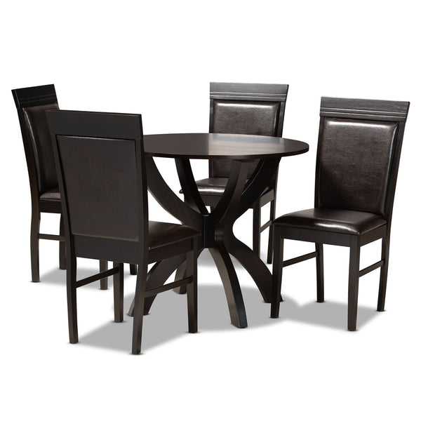 Baxton Studio Baxton Ancel 5-Piece Modern Dining Set - Dark Brown Faux Leather Chairs & Round Table for Elegance Ancel-Dark Brown-5PC Dining Set