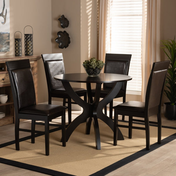 Baxton Studio Baxton Ancel 5-Piece Modern Dining Set - Dark Brown Faux Leather Chairs & Round Table for Elegance Ancel-Dark Brown-5PC Dining Set