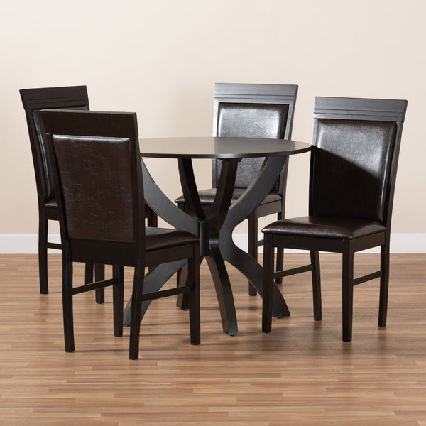 Baxton Studio Baxton Ancel 5-Piece Modern Dining Set - Dark Brown Faux Leather Chairs & Round Table for Elegance Ancel-Dark Brown-5PC Dining Set