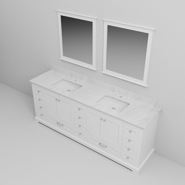 English Elm White Double Bath Vanity With Carrara Marble Top, Ample Storage, And Elegant Mirrors For Luxury Spaces B2731S00822-GIGA