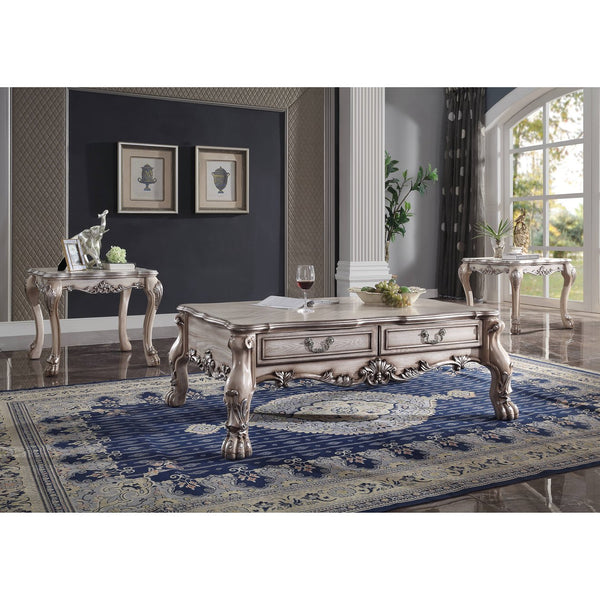 English Elm Vintage Bone White Square End Table with Carved Floral Top, Claw Feet & Scalloped Apron—Elegant Classic Accent, 24.5"H x 28.5"W x 28.5"D Vintage B062P189088
