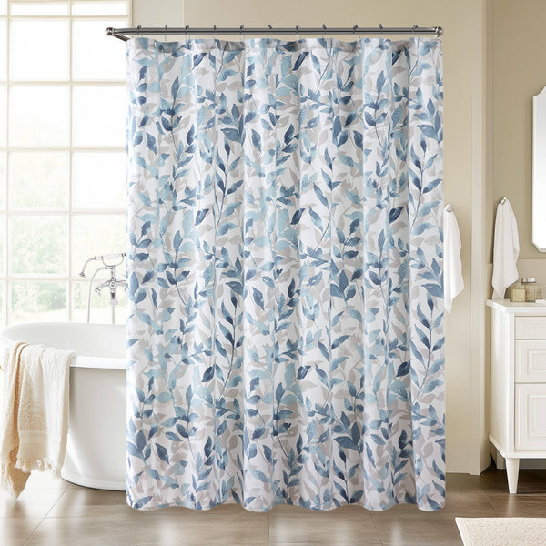 JLA Home Madison Park Essentials - Botanical 72x72 Blue Botanical Shower Curtain - Spa-Inspired White Background, Machine Washable Elegance MPE70-872