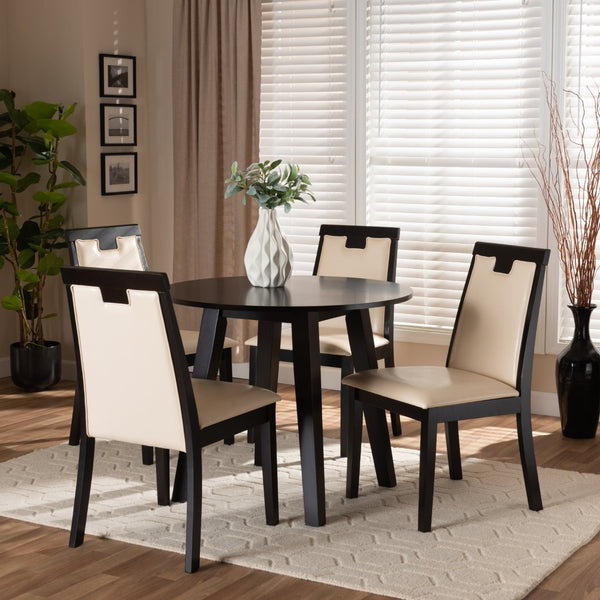 Baxton Studio Baxton Ryan Modern 5-Piece Dining Set - Beige Faux Leather & Dark Brown Wood, Stylish Comfort! Ryan-Dark Brown/Beige-5PC Dining Set