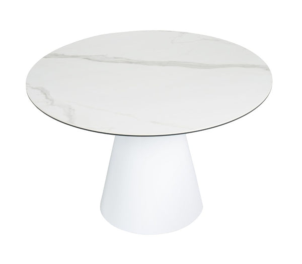 VIG Furniture Edith Modern Round White Ceramic Dining Table With Marble-Look Top & White Metal Pedestal, Seats 4 VGNSGD8744-W-DT