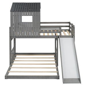 English Elm Wooden Twin Over Full Bunk Bed Farmhouse Playhouse Slide Pinewood Kids Loft LT000328AAE