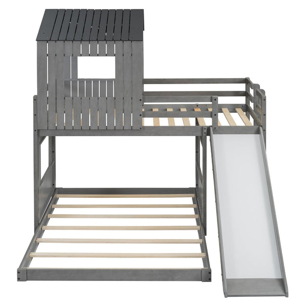 English Elm Wooden Twin Over Full Bunk Bed Farmhouse Playhouse Slide Pinewood Kids Loft LT000328AAE