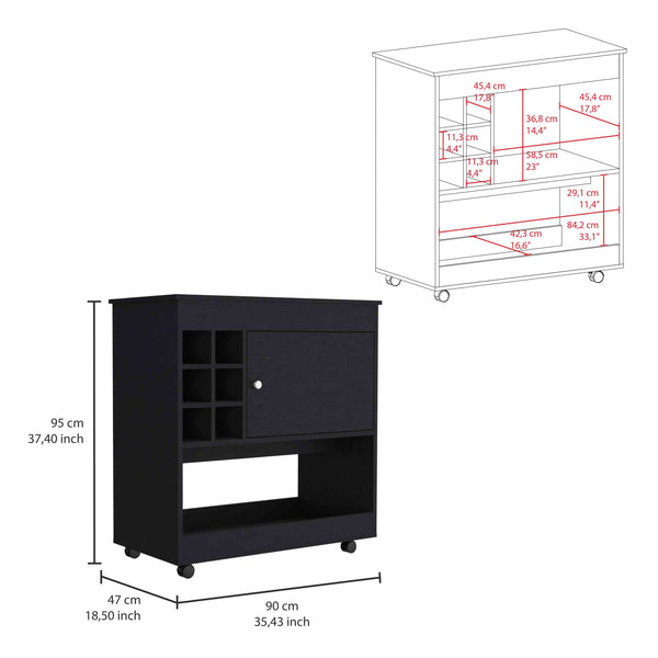 English Elm Camelia Elegant Bar Cart with Six Bottle Cubbies, Smooth Casters, Lower Shelf and Cabinet Storage Black 39.8 L x 23.6 W x 7.9 H B20092080