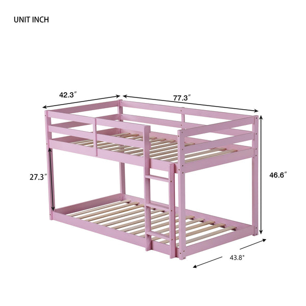 English Elm Solid Twin over Twin Floor Bunk Bed Pink – Solid Rubberwood Low-Height Platform with Ladder, Sturdy Slats, 200lb Capacity and Versatile Under-Bed Space for Kids Rooms (46.6"H x 77.3"L) W504P208048