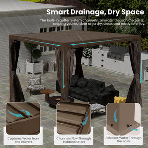 English Elm 10x12 Modern Brown Louvered Pergola with Dual Adjustable Aluminum Louvers, Gutter, Secure Mounting W1859S00124