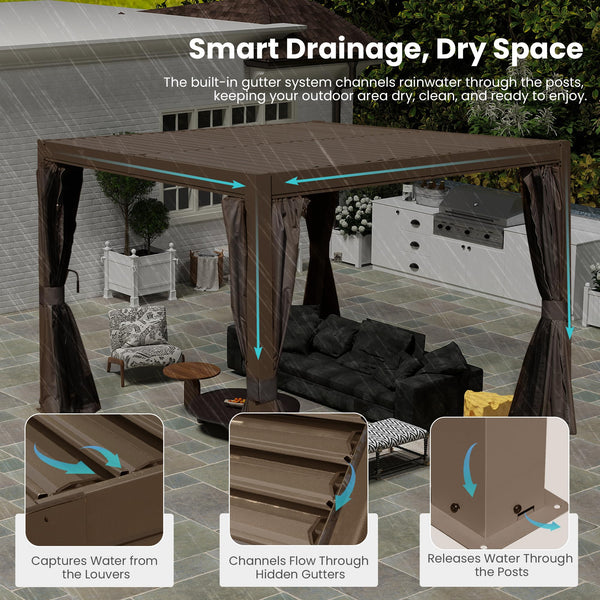 English Elm 10x12 Modern Brown Louvered Pergola with Dual Adjustable Aluminum Louvers, Gutter, Secure Mounting W1859S00124