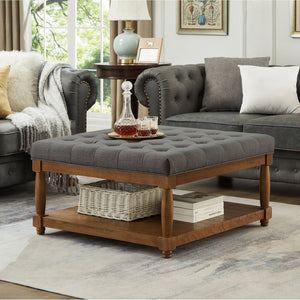 English Elm Large Tufted Linen Square Ottoman with Solid Wood Shelf for Living Room Use Granite W2186P379326