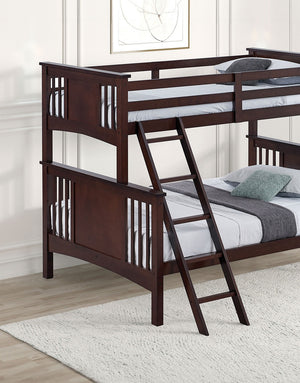 English Elm Modern Twin-Over-Full Bunk Bed with Angled Ladder, Solid Hardwood Frame and Patented Lock Joint Dark Walnut 81 L x 15 W x 4 H B2741S00292