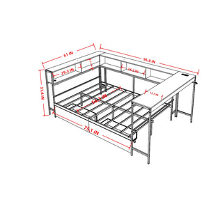 English Elm Corner Full Bed Frame with Bookcase, LED Light & USB Charging, Reversible Daybed w/2 Drawers, Grey W1670P314268