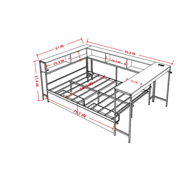 English Elm Corner Full Bed Frame with Bookcase, LED Light & USB Charging, Reversible Daybed w/2 Drawers, Grey W1670P314268