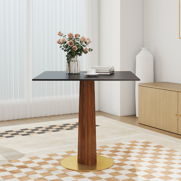 English Elm Modern Square Dining Table - 33.5" Space-Saving Sintered Stone Top With Wooden Legs & Gold Base W1535S00595