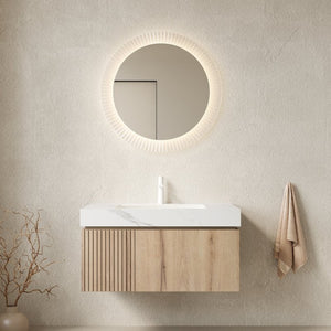 English Elm Muri Floating Bathroom Vanity Plywood Cabinet Sintered Stone Top White Oak Grain W2615S00623