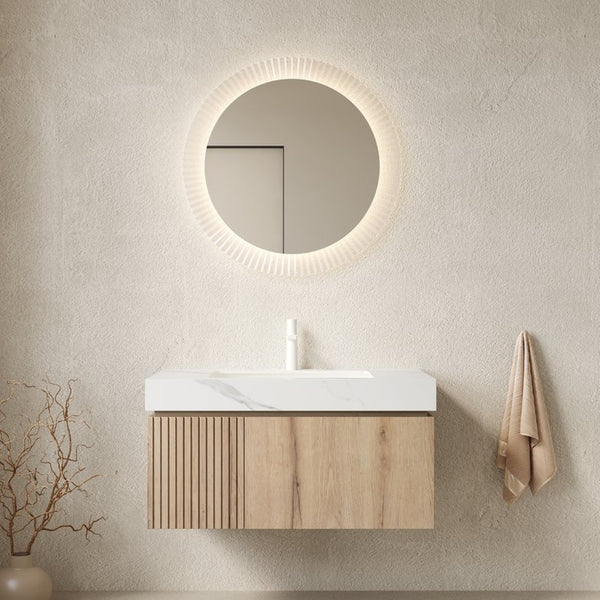 English Elm Muri Floating Bathroom Vanity Plywood Cabinet Sintered Stone Top White Oak Grain W2615S00623