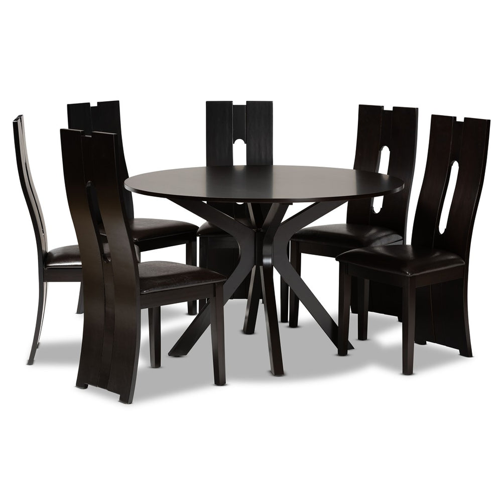 Baxton Studio Baxton Kenyon 7-Piece Modern Dining Set with Plush Faux Leather Chairs & Elegant Circular Table Kenyon-Dark Brown-7PC Dining Set