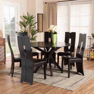 Baxton Studio Baxton Kenyon 7-Piece Modern Dining Set with Plush Faux Leather Chairs & Elegant Circular Table Kenyon-Dark Brown-7PC Dining Set
