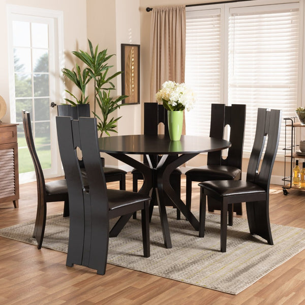 Baxton Studio Baxton Kenyon 7-Piece Modern Dining Set with Plush Faux Leather Chairs & Elegant Circular Table Kenyon-Dark Brown-7PC Dining Set