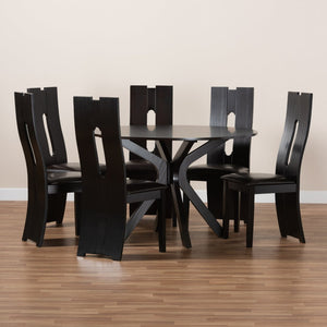 Baxton Studio Baxton Kenyon 7-Piece Modern Dining Set with Plush Faux Leather Chairs & Elegant Circular Table Kenyon-Dark Brown-7PC Dining Set