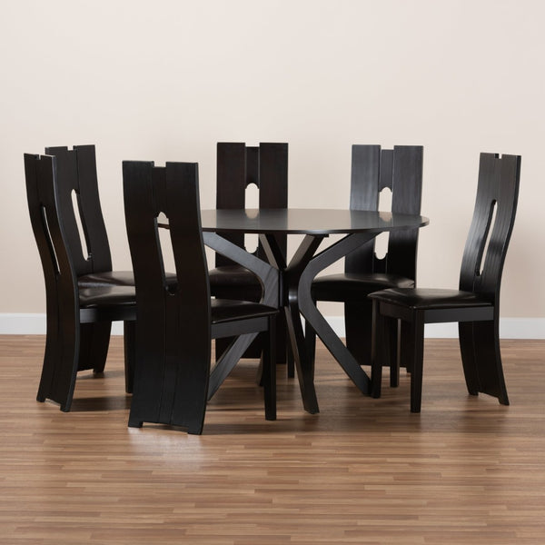 Baxton Studio Baxton Kenyon 7-Piece Modern Dining Set with Plush Faux Leather Chairs & Elegant Circular Table Kenyon-Dark Brown-7PC Dining Set
