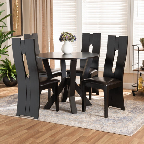Baxton Studio Baxton Senan Modern 5-Piece Dining Set: Dark Brown Faux Leather & Wood, Comfort Meets Style Senan-Dark Brown-5PC Dining Set