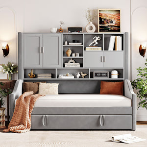 English Elm Twin Upholstered Daybed with LED Armrest Lighting, Hidden Storage Shelves & Lift-Up Pull-Out Trundle Gray SF000198AAE