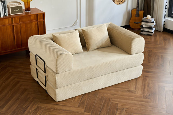 English Elm 59'' Corduroy Convertible Floor Sofa Sleeper with Bolster Pillow for Small Spaces Beige W3434P406618