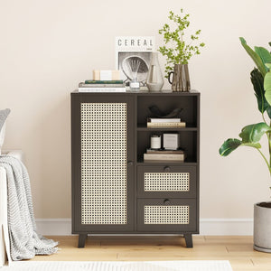 English Elm Rattan Cane Front Sideboard with Drawers Adjustable Shelf Bohemian Storage Cabinet Black T3623P434723