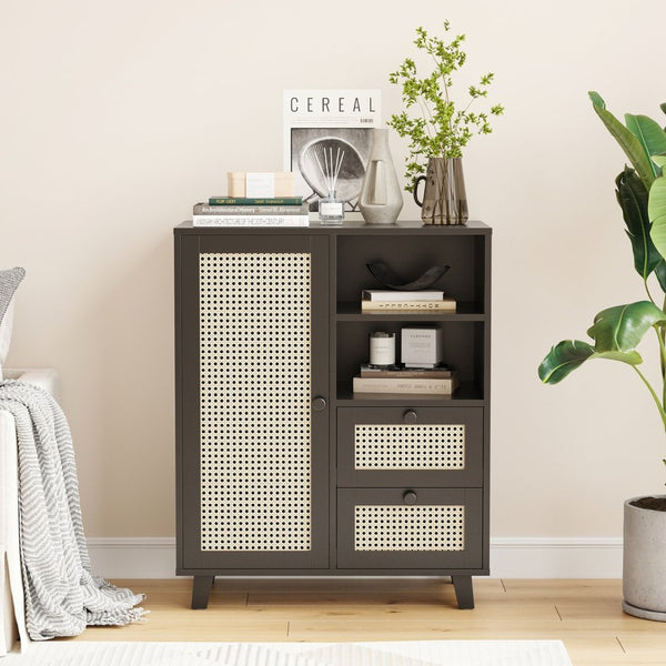 English Elm Rattan Cane Front Sideboard with Drawers Adjustable Shelf Bohemian Storage Cabinet Black T3623P434723