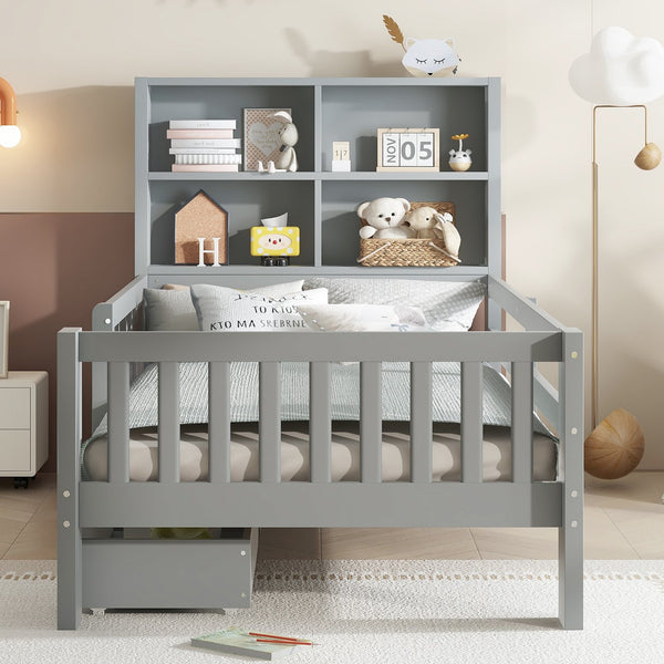 English Elm Twin Chalkboard Platform Bed with Drawers & Shelves, Solid Wood Kids Bed with Storage and Creative Headboard Grey W1580P362706