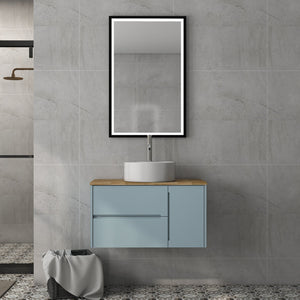 English Elm 36-Inch Wall-Mounted Bathroom Vanity With Blue Cabinet, Natural Wood Top & Round Ceramic Sink Design W3151S00011