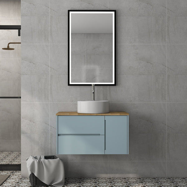 English Elm 36-Inch Wall-Mounted Bathroom Vanity With Blue Cabinet, Natural Wood Top & Round Ceramic Sink Design W3151S00011