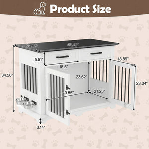 English Elm 44.48" Wooden Dog Crate End Table with Drawers Rotating Bowls Farmhouse Pet Kennel Black,White N704P379112K