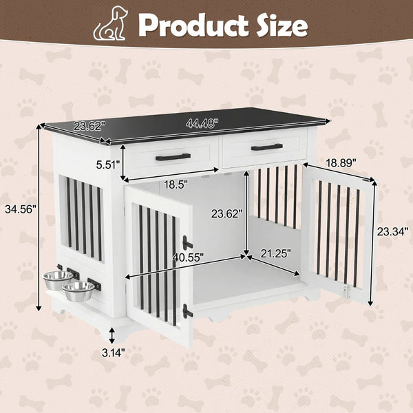 English Elm 44.48" Wooden Dog Crate End Table with Drawers Rotating Bowls Farmhouse Pet Kennel Black,White N704P379112K
