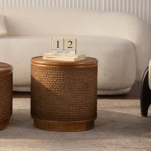 English Elm Round Rattan Storage Coffee Table Hand Woven Hemp Trim Bohemian Accent for Living Rooms W3081P464744