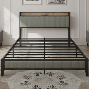 English Elm Queen Upholstered Bed Frame with USB & Outlets, Metal Platform, Vintage Shelf, 10.4" Storage Clearance W1960P162712