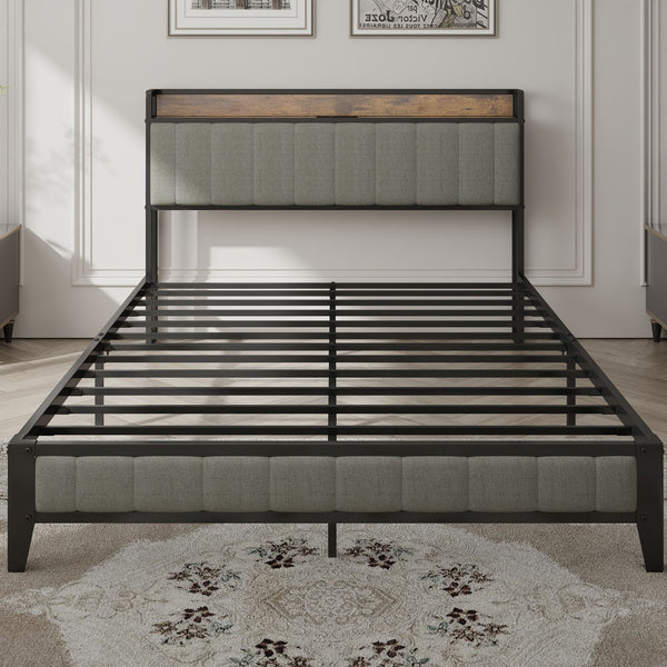 English Elm Queen Upholstered Bed Frame with USB & Outlets, Metal Platform, Vintage Shelf, 10.4" Storage Clearance W1960P162712