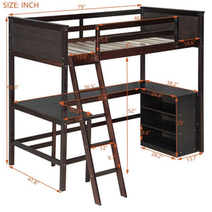 English Elm Twin Loft Bed with Built-in Desk and Open Shelves Solid Pine Kids Study Sleep Espresso LT001537AAP-1