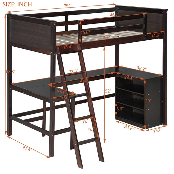English Elm Twin Loft Bed with Built-in Desk and Open Shelves Solid Pine Kids Study Sleep Espresso LT001537AAP-1