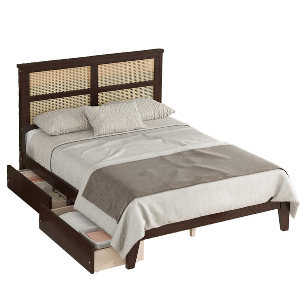 English Elm Full Full Size Bed with Rattan Headboard and Two Underbed Storage Drawers, Rubberwood Slat Support Espresso W504P269605