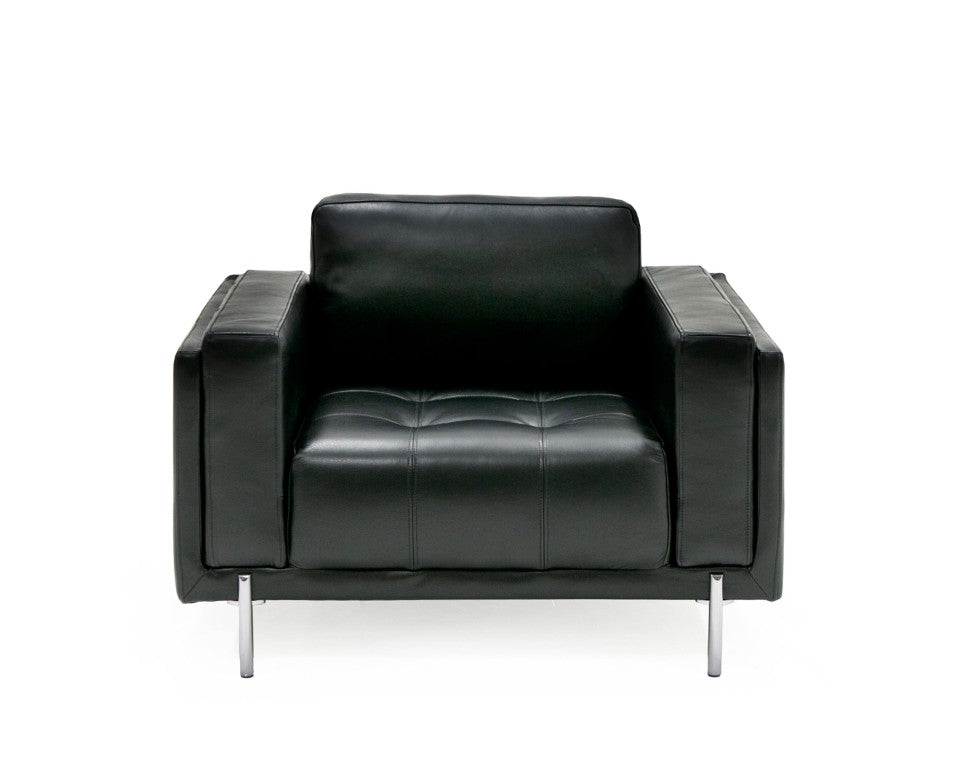VIG Furniture Schmidt Modern Black Top-Grain Leather Accent Chair With Tuxedo Arms, Grey Metal Legs, 500Lb Capacity VGKK-KF.7020-CHR-BLK