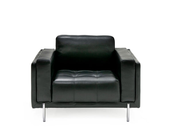 VIG Furniture Schmidt Modern Black Top-Grain Leather Accent Chair With Tuxedo Arms, Grey Metal Legs, 500Lb Capacity VGKK-KF.7020-CHR-BLK