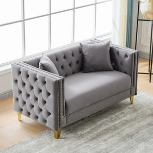 English Elm 58"Chesterfield Velvet Sofa Elegant Tufted 2-Seater Deep Seat with Nailhead Trim Solid Wood Frame Grey W3373S00029