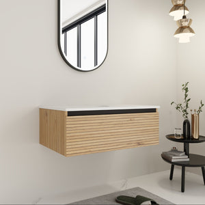 English Elm 30'' Floating Wall Mounted Bathroom Vanity Plywood Build with Soft Close Drawer W999P285410