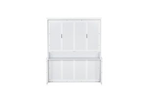 English Elm Queen Murphy Wall Bed with Integrated Desk Gas Strut Lift White Cabinet for Small Spaces White W504S00216